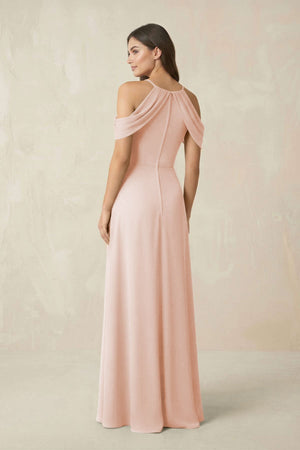 Off - the - Shoulder Chiffon Sheath Bridesmaid Dress With Slit in Pale Blush - KissProm Bridesmaid Dresses