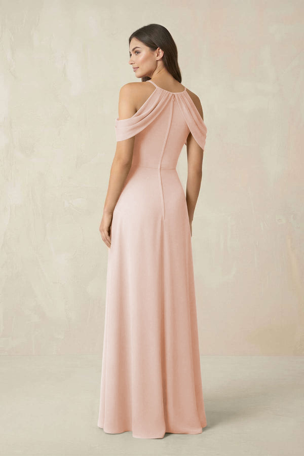 Off - the - Shoulder Chiffon Sheath Bridesmaid Dress With Slit in Pale Blush - KissProm Bridesmaid Dresses