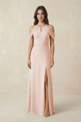 Off - the - Shoulder Chiffon Sheath Bridesmaid Dress With Slit in Pale Blush - KissProm Bridesmaid Dresses