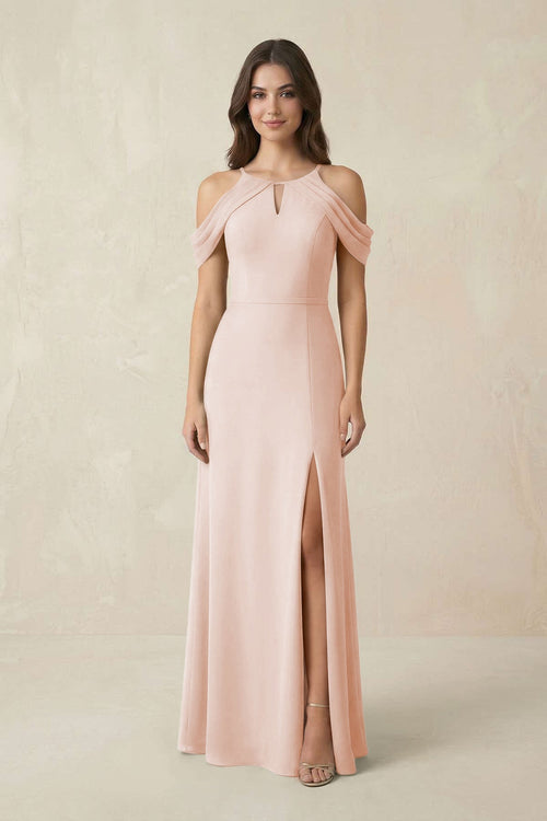 Off - the - Shoulder Chiffon Sheath Bridesmaid Dress With Slit in Pale Blush - KissProm Bridesmaid Dresses