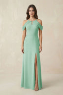Off - the - Shoulder Chiffon Sheath Bridesmaid Dress With Slit in Pale Pistachio - KissProm Bridesmaid Dresses