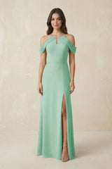 Off - the - Shoulder Chiffon Sheath Bridesmaid Dress With Slit in Pale Pistachio - KissProm Bridesmaid Dresses