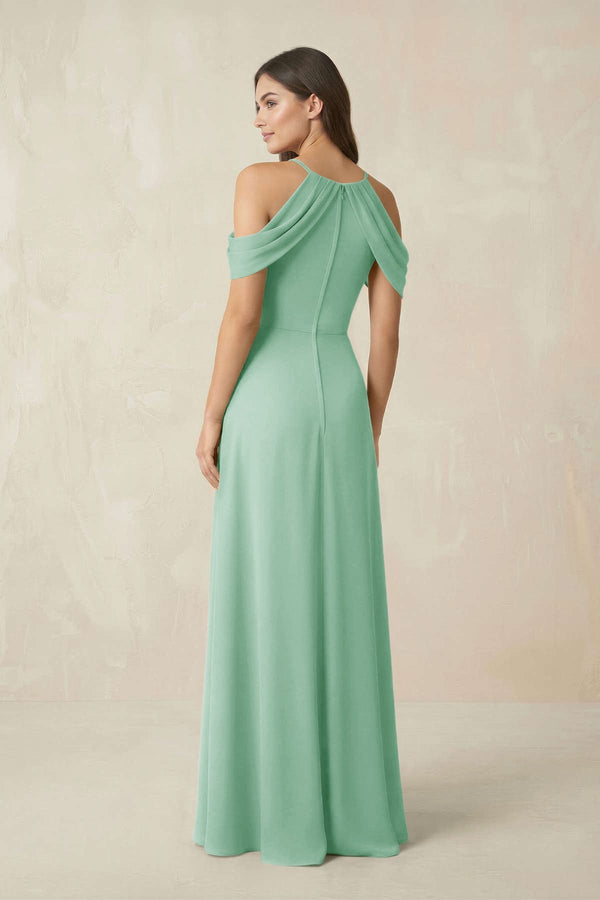 Off - the - Shoulder Chiffon Sheath Bridesmaid Dress With Slit in Pale Pistachio - KissProm Bridesmaid Dresses