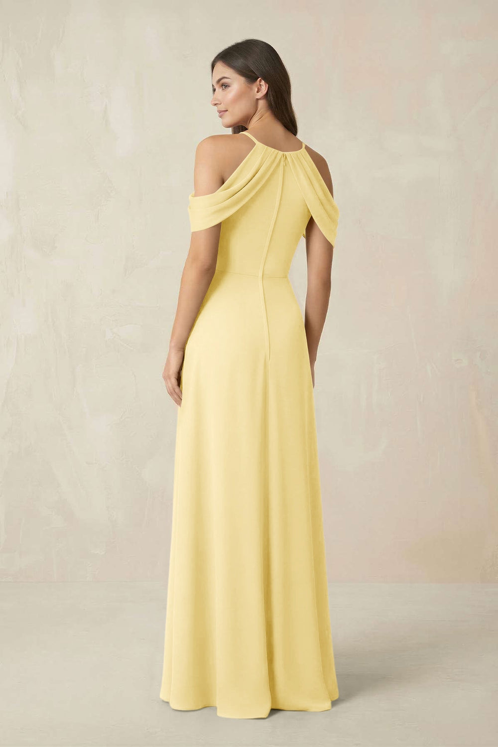 Off - the - Shoulder Chiffon Sheath Bridesmaid Dress With Slit in Pastel Yellow - KissProm Bridesmaid Dresses