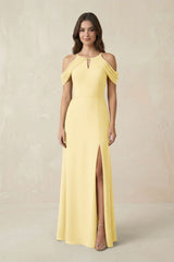 Off - the - Shoulder Chiffon Sheath Bridesmaid Dress With Slit in Pastel Yellow - KissProm Bridesmaid Dresses