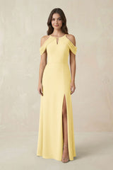 Off - the - Shoulder Chiffon Sheath Bridesmaid Dress With Slit in Pastel Yellow - KissProm Bridesmaid Dresses