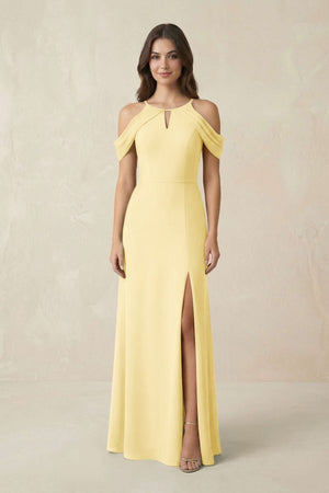 Off - the - Shoulder Chiffon Sheath Bridesmaid Dress With Slit in Pastel Yellow - KissProm Bridesmaid Dresses