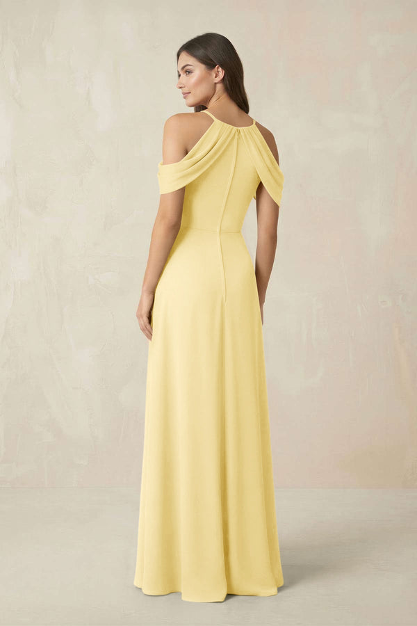 Off - the - Shoulder Chiffon Sheath Bridesmaid Dress With Slit in Pastel Yellow - KissProm Bridesmaid Dresses
