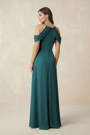 Off - the - Shoulder Chiffon Sheath Bridesmaid Dress With Slit in Pine - KissProm Bridesmaid Dresses