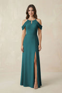 Off - the - Shoulder Chiffon Sheath Bridesmaid Dress With Slit in Pine - KissProm Bridesmaid Dresses