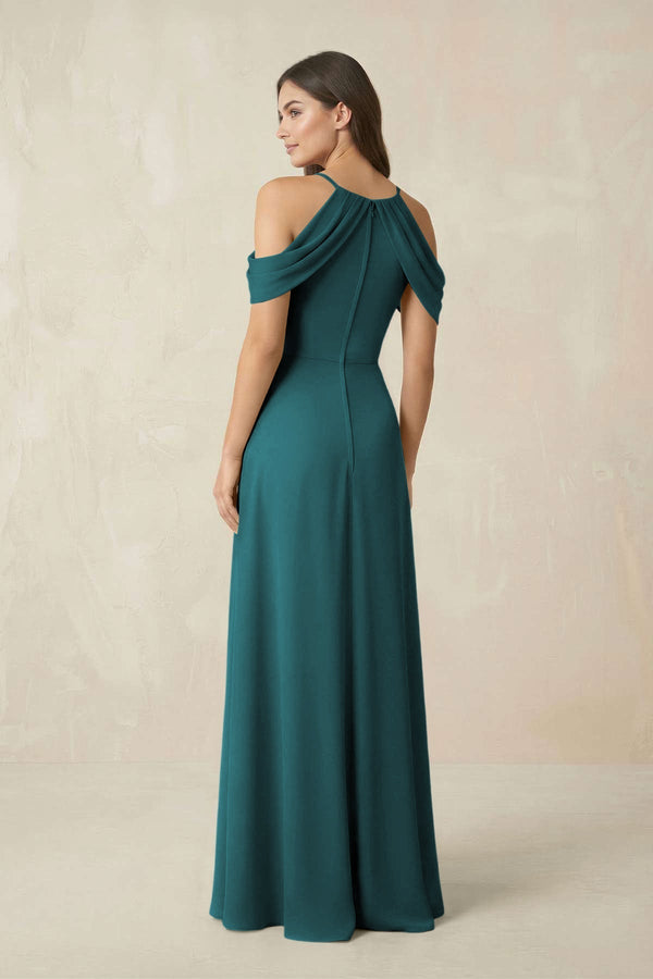 Off - the - Shoulder Chiffon Sheath Bridesmaid Dress With Slit in Pine - KissProm Bridesmaid Dresses