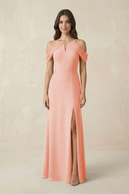 Off - the - Shoulder Chiffon Sheath Bridesmaid Dress With Slit in Rose Petal - KissProm Bridesmaid Dresses