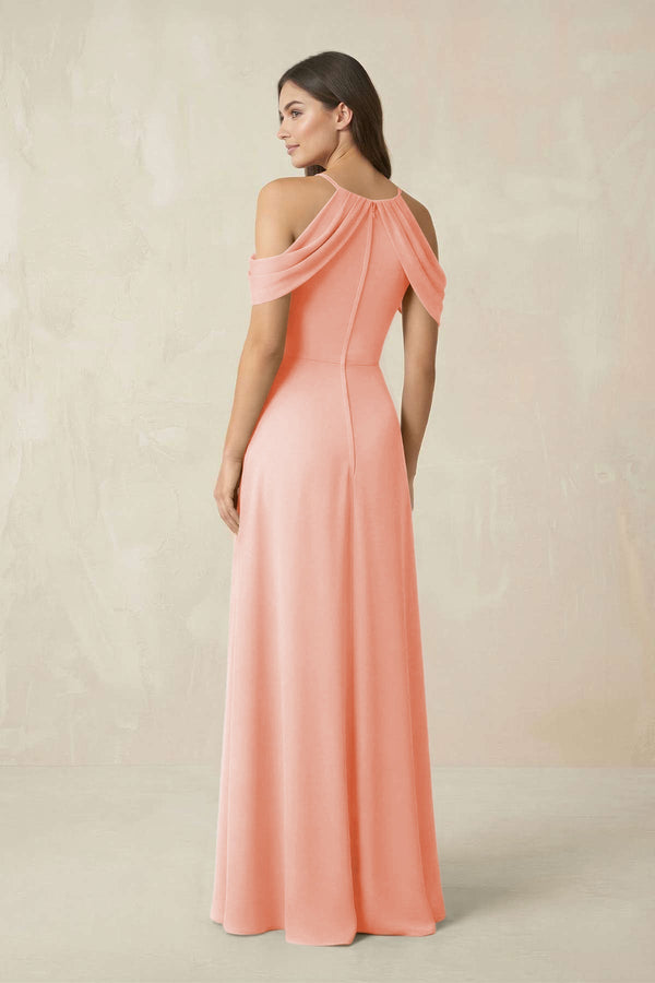 Off - the - Shoulder Chiffon Sheath Bridesmaid Dress With Slit in Rose Petal - KissProm Bridesmaid Dresses