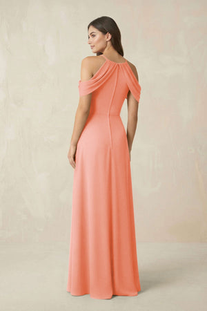 Off - the - Shoulder Chiffon Sheath Bridesmaid Dress With Slit in Rosette - KissProm Bridesmaid Dresses