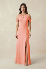 Off - the - Shoulder Chiffon Sheath Bridesmaid Dress With Slit in Rosette - KissProm Bridesmaid Dresses