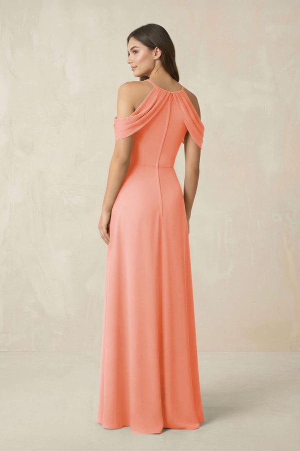Off - the - Shoulder Chiffon Sheath Bridesmaid Dress With Slit in Rosette - KissProm Bridesmaid Dresses