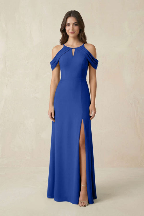 Off - the - Shoulder Chiffon Sheath Bridesmaid Dress With Slit in Royal Blue - KissProm Bridesmaid Dresses