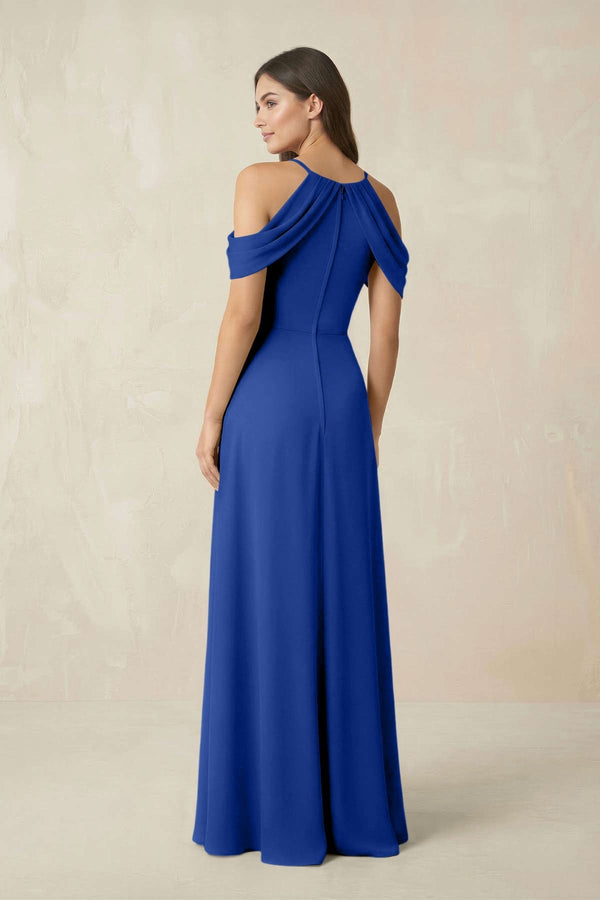 Off - the - Shoulder Chiffon Sheath Bridesmaid Dress With Slit in Royal Blue - KissProm Bridesmaid Dresses