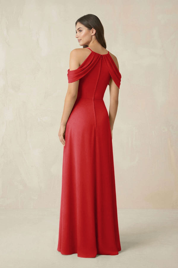 Off - the - Shoulder Chiffon Sheath Bridesmaid Dress With Slit in Ruby Red - KissProm Bridesmaid Dresses