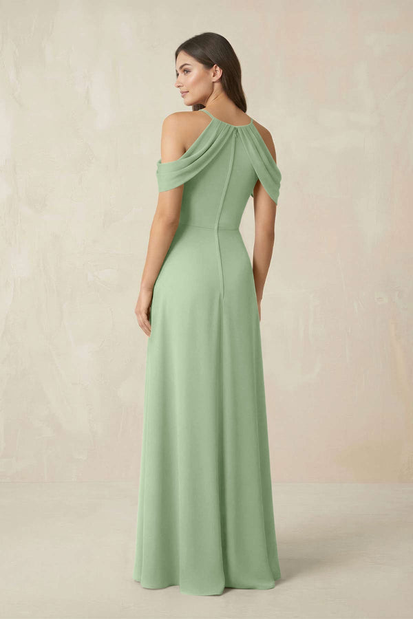 Off - the - Shoulder Chiffon Sheath Bridesmaid Dress With Slit in Sage - KissProm Bridesmaid Dresses