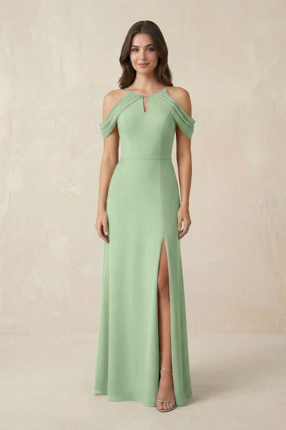 Off - the - Shoulder Chiffon Sheath Bridesmaid Dress With Slit in Sage - KissProm Bridesmaid Dresses