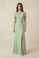 Off - the - Shoulder Chiffon Sheath Bridesmaid Dress With Slit in Sage - KissProm Bridesmaid Dresses