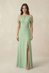 Off - the - Shoulder Chiffon Sheath Bridesmaid Dress With Slit in Sage - KissProm Bridesmaid Dresses