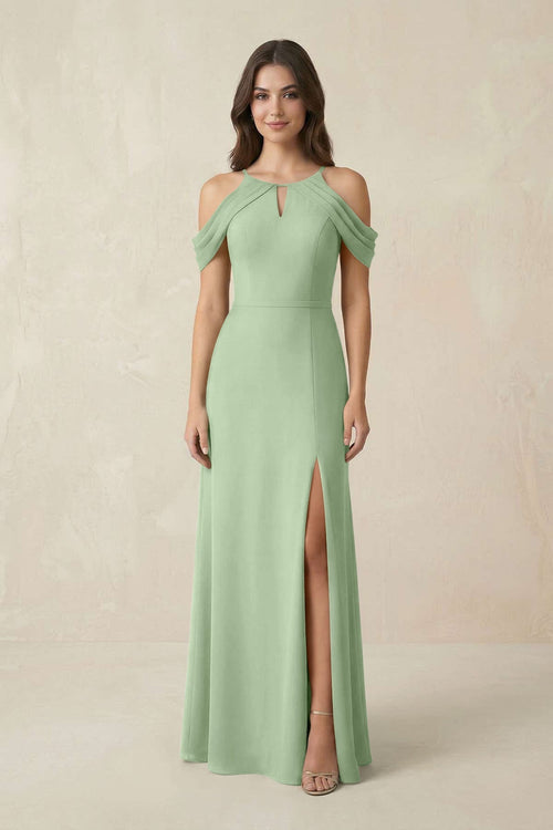 Off - the - Shoulder Chiffon Sheath Bridesmaid Dress With Slit in Sage - KissProm Bridesmaid Dresses