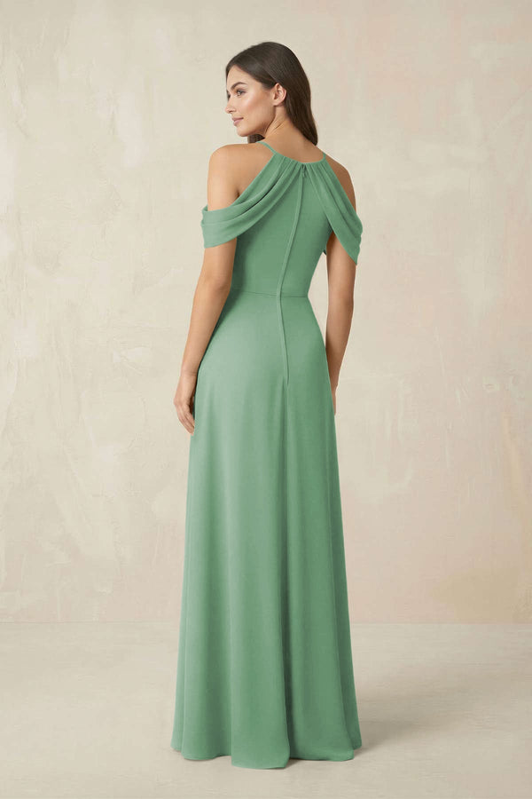 Off - the - Shoulder Chiffon Sheath Bridesmaid Dress With Slit in Sea Glass - KissProm Bridesmaid Dresses