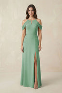 Off - the - Shoulder Chiffon Sheath Bridesmaid Dress With Slit in Sea Glass - KissProm Bridesmaid Dresses