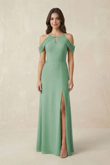 Off - the - Shoulder Chiffon Sheath Bridesmaid Dress With Slit in Sea Glass - KissProm Bridesmaid Dresses