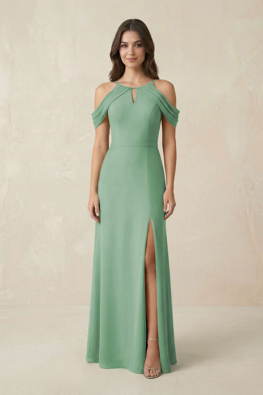 Off - the - Shoulder Chiffon Sheath Bridesmaid Dress With Slit in Sea Glass - KissProm Bridesmaid Dresses