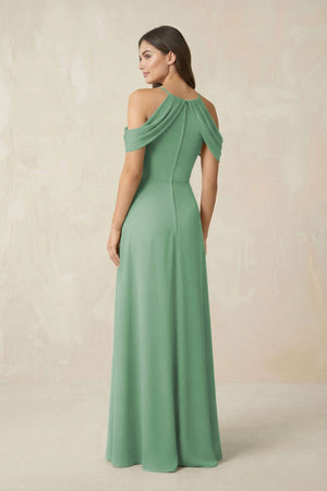 Off - the - Shoulder Chiffon Sheath Bridesmaid Dress With Slit in Sea Glass - KissProm Bridesmaid Dresses
