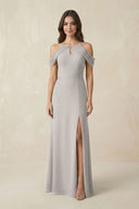 Off - the - Shoulder Chiffon Sheath Bridesmaid Dress With Slit in Silver - KissProm Bridesmaid Dresses