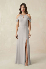 Off - the - Shoulder Chiffon Sheath Bridesmaid Dress With Slit in Silver - KissProm Bridesmaid Dresses