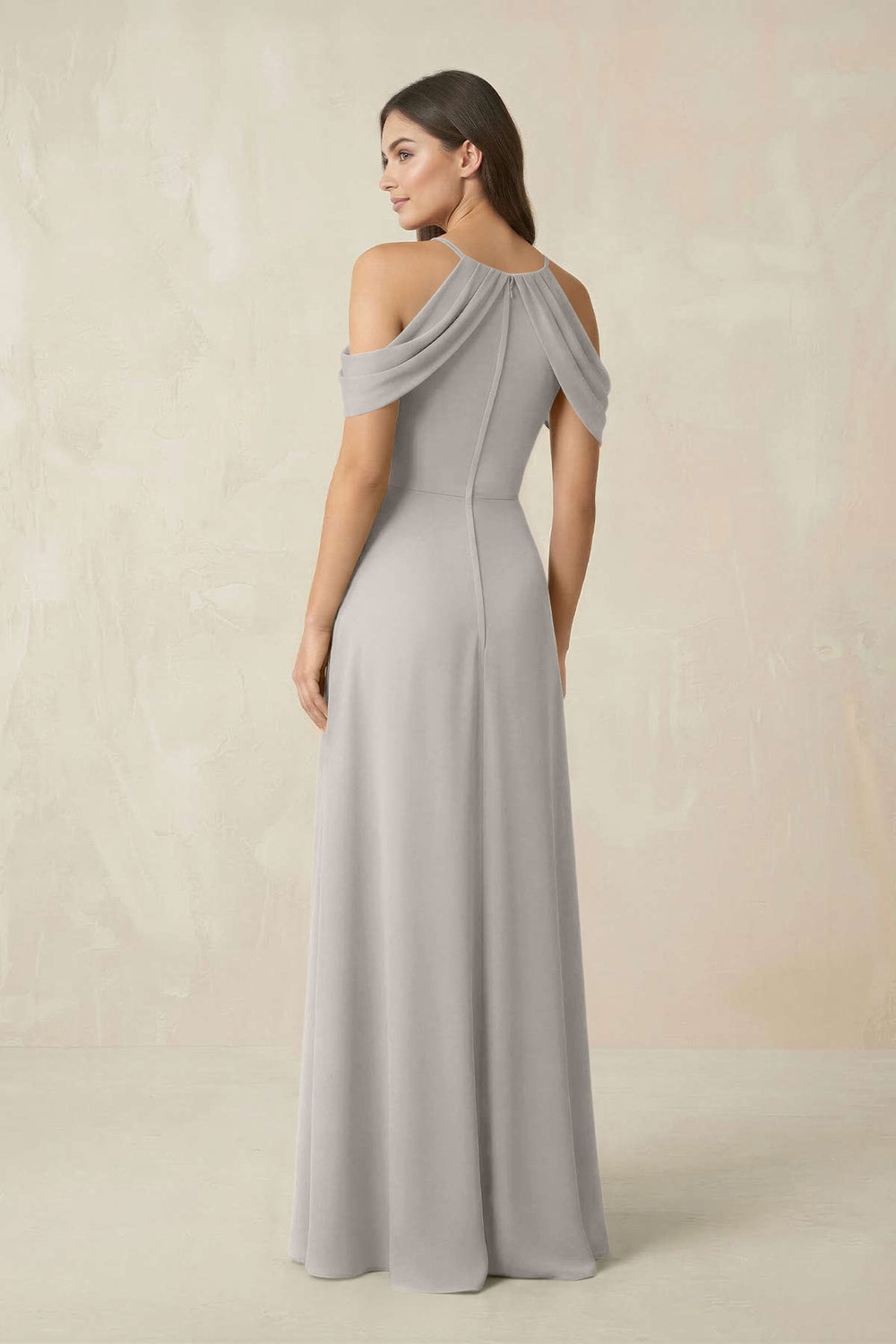 Off - the - Shoulder Chiffon Sheath Bridesmaid Dress With Slit in Silver - KissProm Bridesmaid Dresses