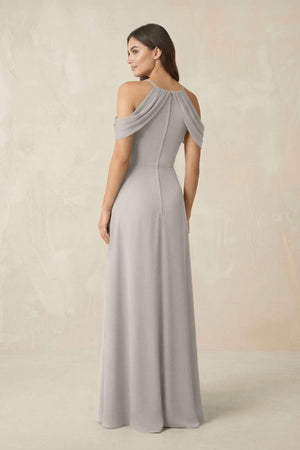 Off - the - Shoulder Chiffon Sheath Bridesmaid Dress With Slit in Silver - KissProm Bridesmaid Dresses