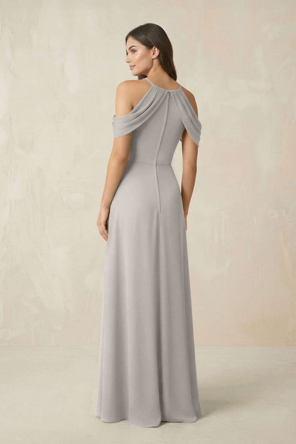 Off - the - Shoulder Chiffon Sheath Bridesmaid Dress With Slit in Silver - KissProm Bridesmaid Dresses