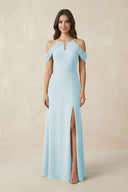 Off - the - Shoulder Chiffon Sheath Bridesmaid Dress With Slit in Sky Blue - KissProm Bridesmaid Dresses
