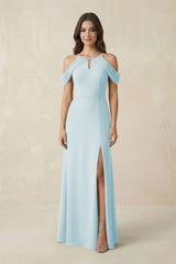 Off - the - Shoulder Chiffon Sheath Bridesmaid Dress With Slit in Sky Blue - KissProm Bridesmaid Dresses