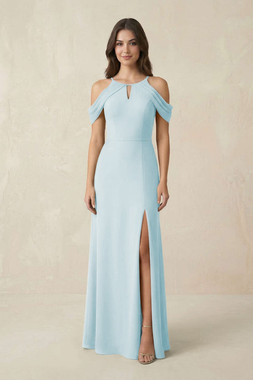 Off - the - Shoulder Chiffon Sheath Bridesmaid Dress With Slit in Sky Blue - KissProm Bridesmaid Dresses