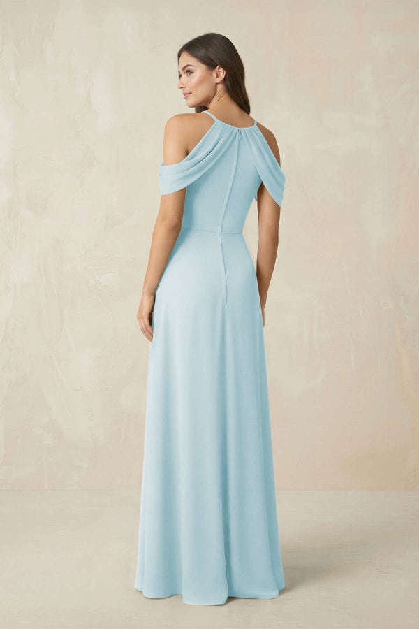 Off - the - Shoulder Chiffon Sheath Bridesmaid Dress With Slit in Sky Blue - KissProm Bridesmaid Dresses