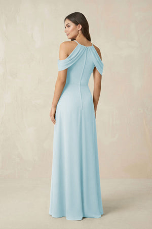 Off - the - Shoulder Chiffon Sheath Bridesmaid Dress With Slit in Sky Blue - KissProm Bridesmaid Dresses
