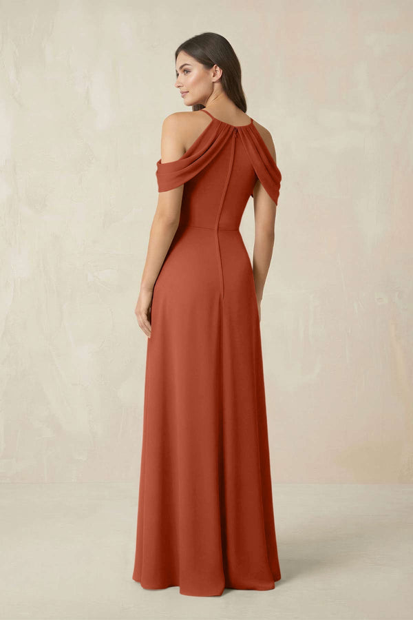 Off - the - Shoulder Chiffon Sheath Bridesmaid Dress With Slit in Spice - KissProm Bridesmaid Dresses