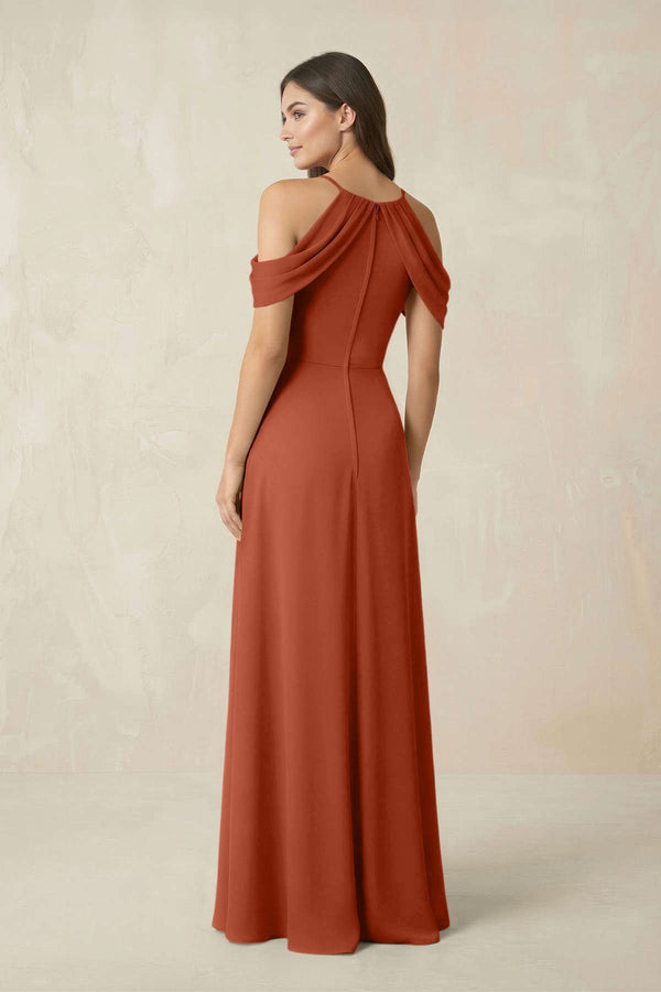 Off - the - Shoulder Chiffon Sheath Bridesmaid Dress With Slit in Spice - KissProm Bridesmaid Dresses