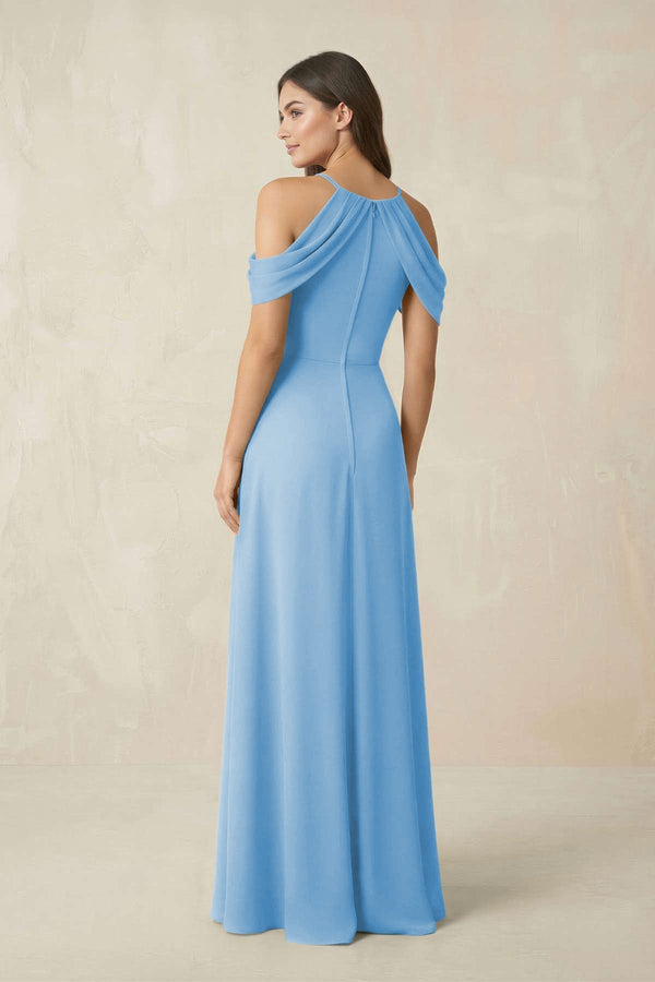 Off - the - Shoulder Chiffon Sheath Bridesmaid Dress With Slit in Steel Blue - KissProm Bridesmaid Dresses
