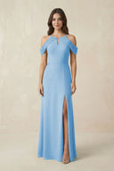 Off - the - Shoulder Chiffon Sheath Bridesmaid Dress With Slit in Steel Blue - KissProm Bridesmaid Dresses