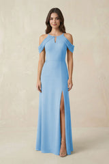 Off - the - Shoulder Chiffon Sheath Bridesmaid Dress With Slit in Steel Blue - KissProm Bridesmaid Dresses