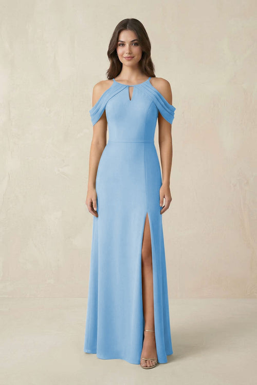 Off - the - Shoulder Chiffon Sheath Bridesmaid Dress With Slit in Steel Blue - KissProm Bridesmaid Dresses