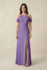 Off - the - Shoulder Chiffon Sheath Bridesmaid Dress With Slit in Tahiti - KissProm Bridesmaid Dresses